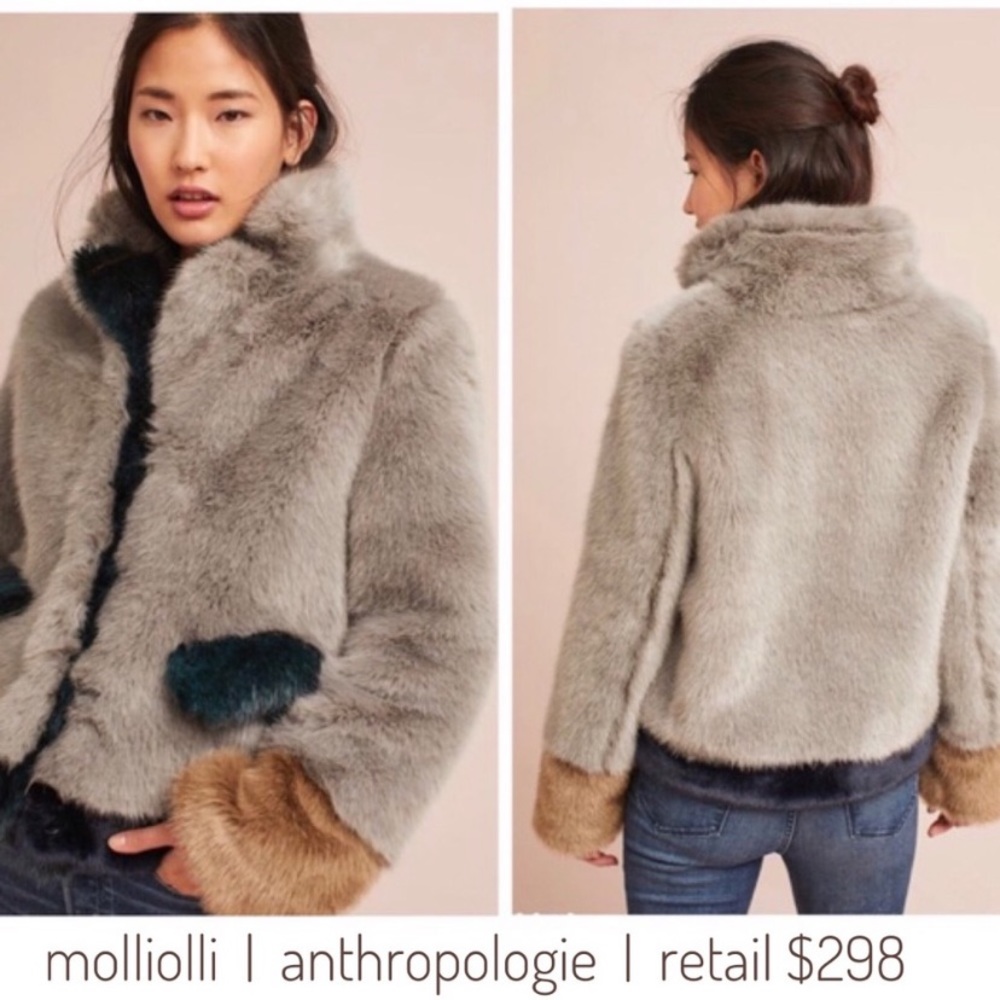 Anthropologie Colorblock Faux Fur Coat S